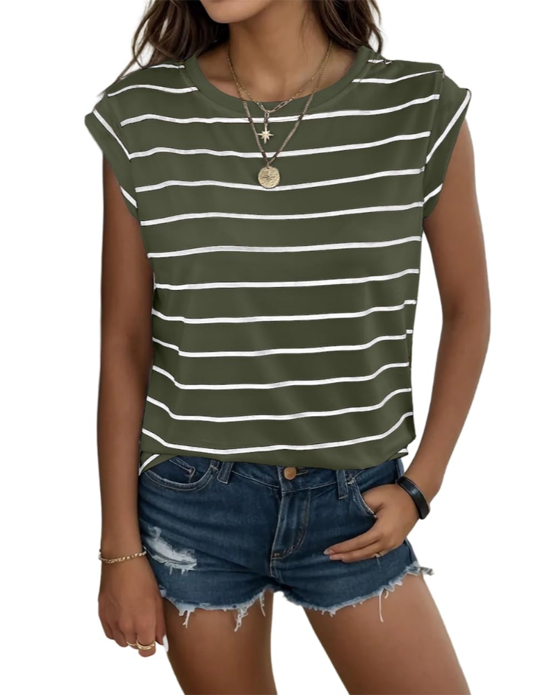 Camiseta Hannah para mujer – Top de rayas con cuello redondo, mangas con volante y ajuste holgado