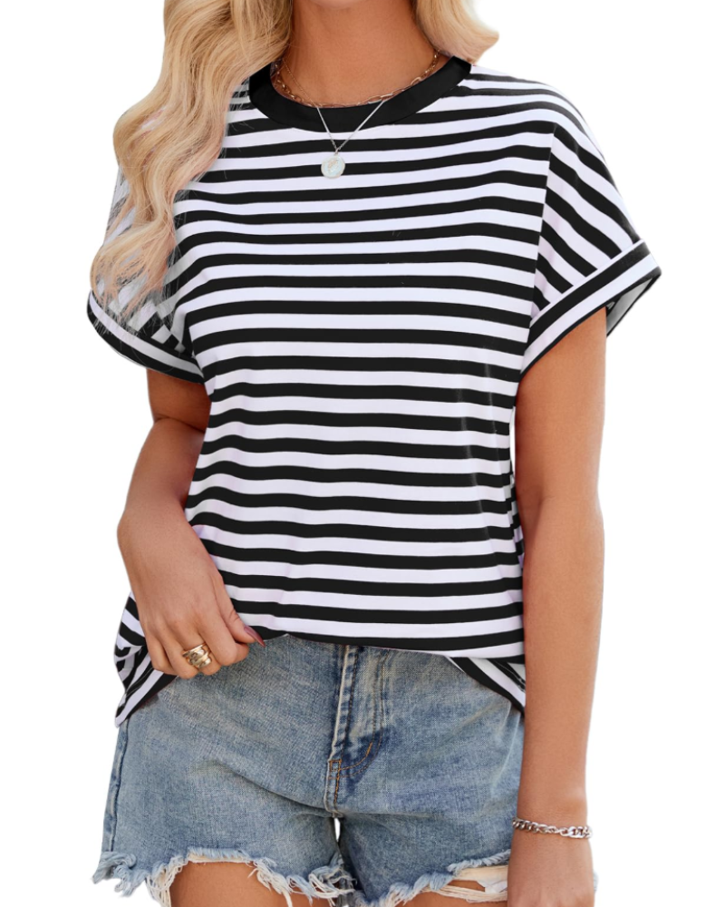Camiseta Lily para mujer – Top oversize de algodón a rayas con cuello redondo y mangas cortas