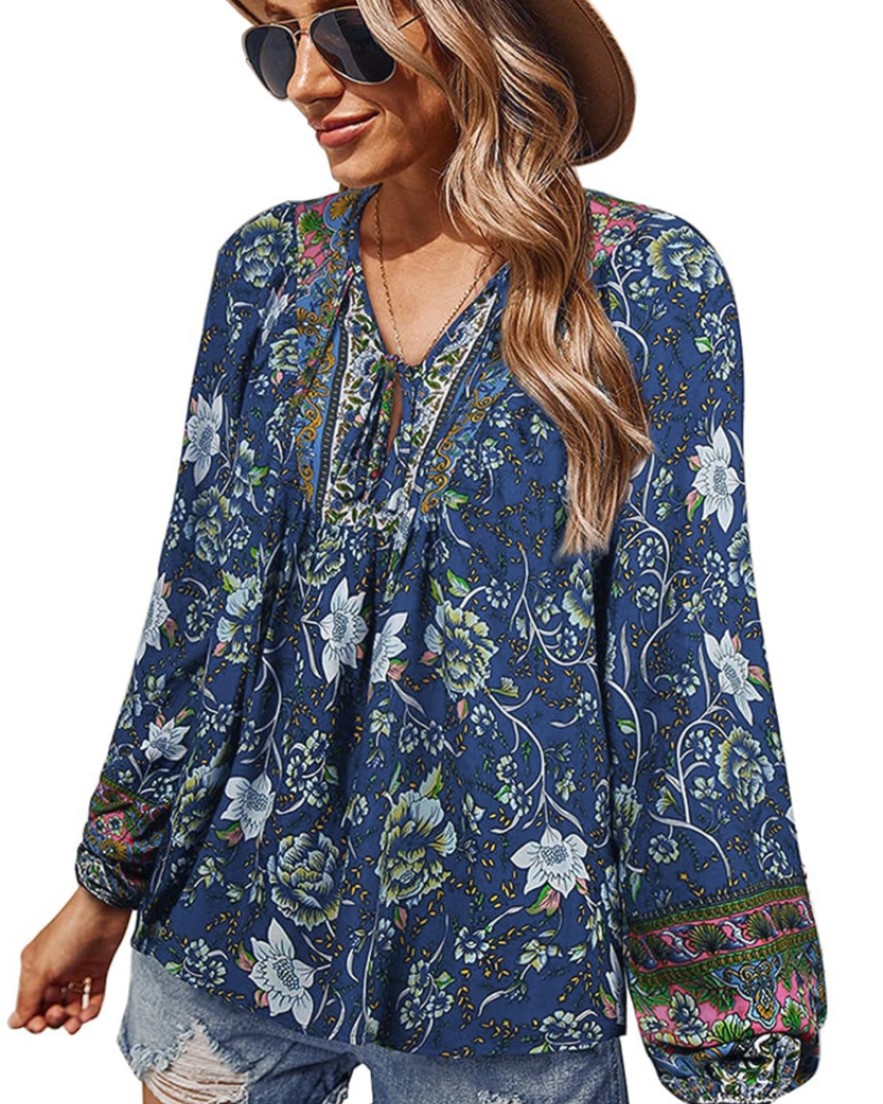 Diana Blusa Donna – Top bohemio floral de viscosa con escote en V y mangas abullonadas