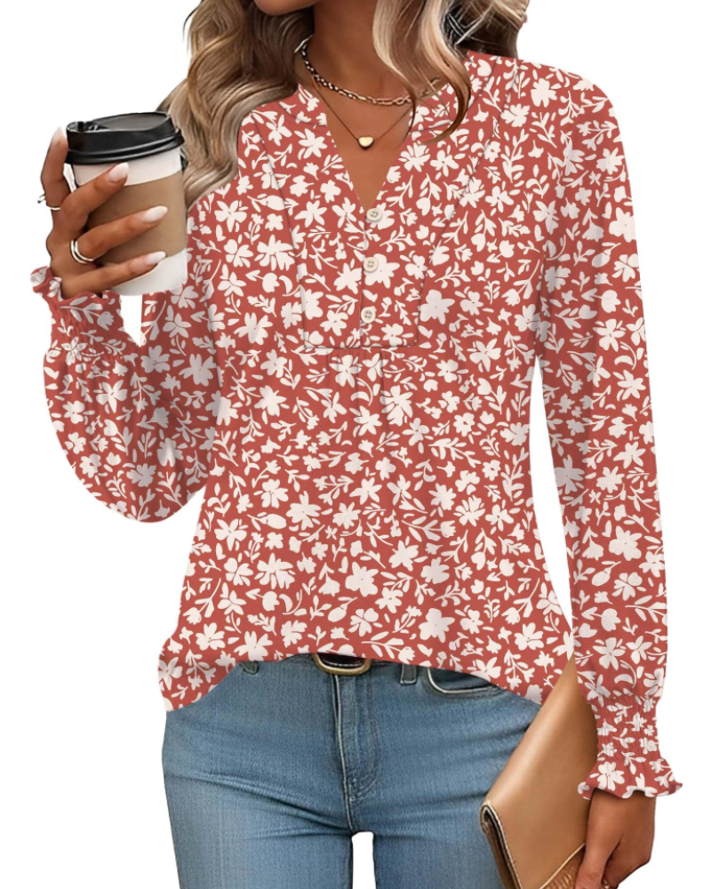 Freya Blusa Donna – Top floral con escote en V, mangas largas y dobladillo plisado