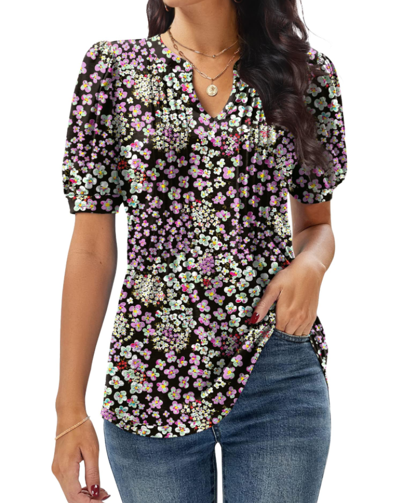 T-shirt Anna pour femme – Top d'été avec col en V, manches bouffantes et plis décoratifs