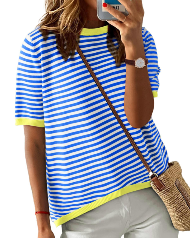 T-shirt Natalie pour femme – haut d'été à rayures avec col rond, manches courtes et coupe décontractée