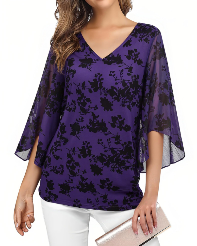 Naomi Blusa Donna – Top Floreale con Scollo a V, Maniche 3/4 a Volant & Doppio Strato