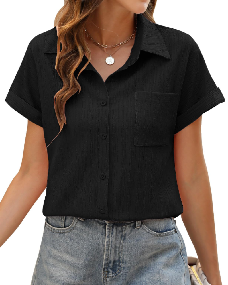 Freya Blusa Donna – Camisa de verano con botones, cuello en V, mangas remangadas y bolsillo