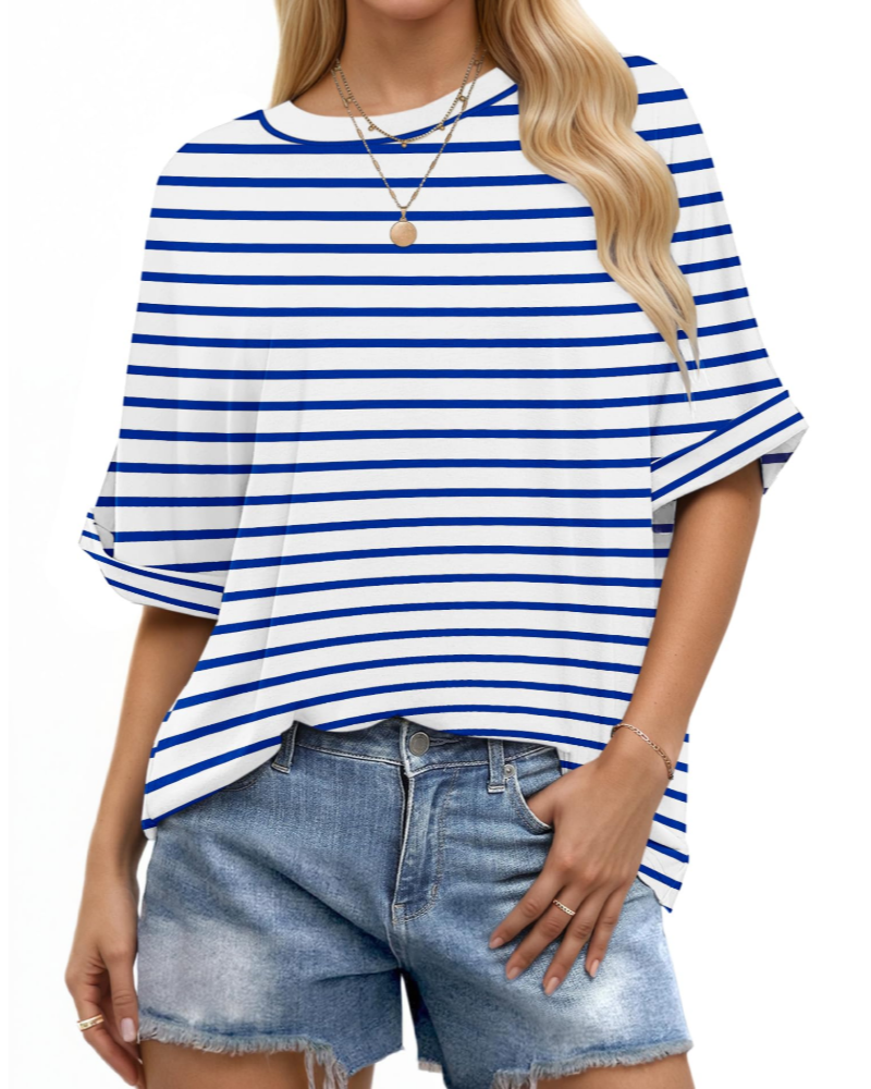 T-shirt Aubrey pour femme – Top oversize avec col rond, manches retroussées et coupe ample