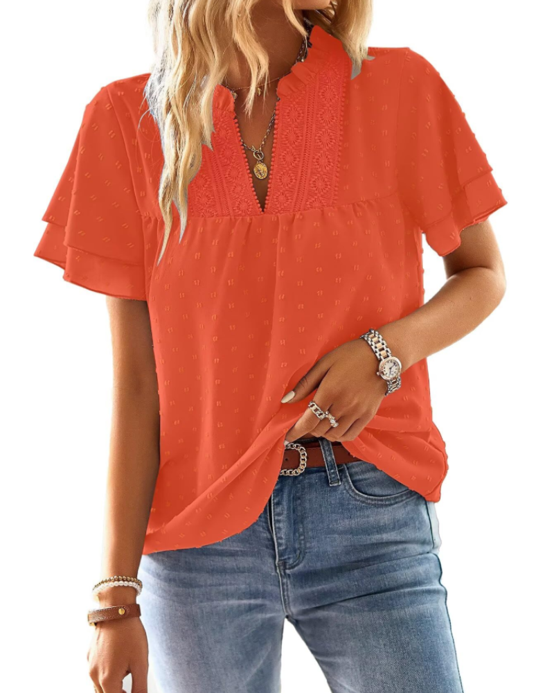 Blusa Lena para mujer – Top elegante con escote en V, encaje de ganchillo, mangas con volantes y detalles Swiss Dot