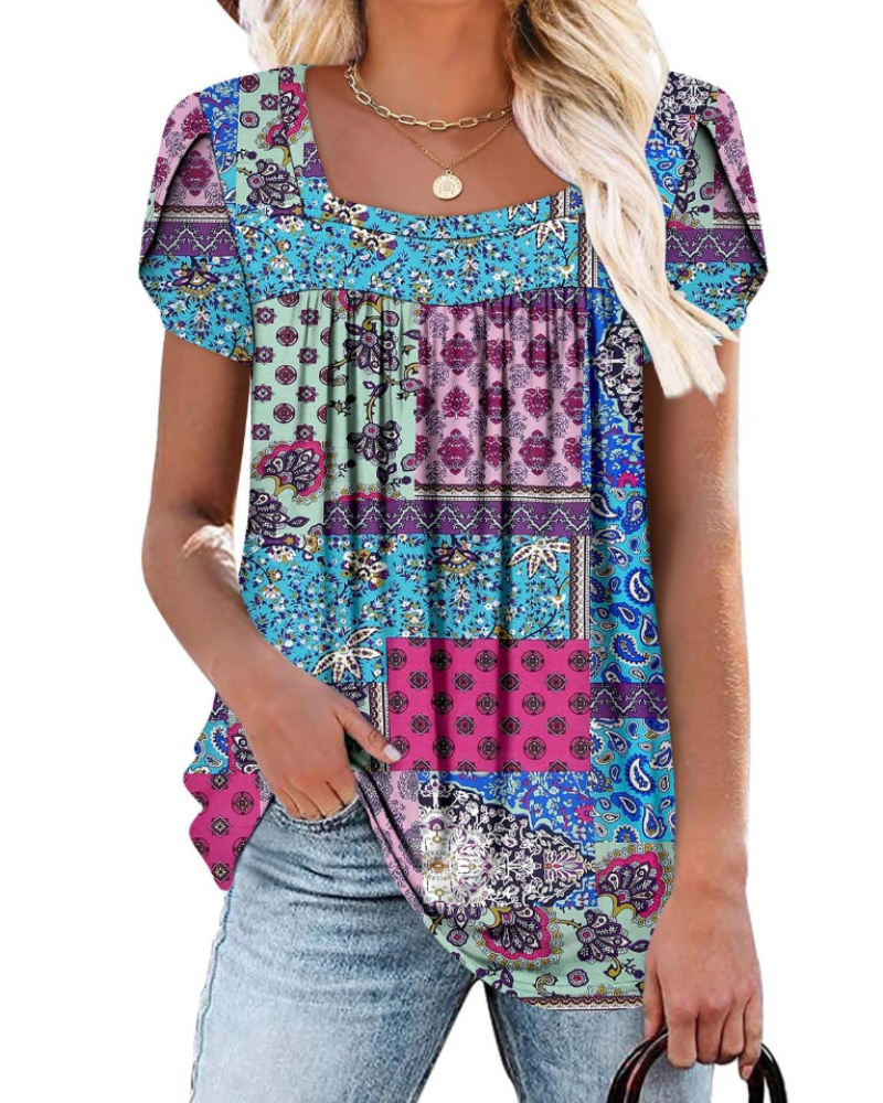 Emma Blusa para Mujer – Top Suave con Escote Cuadrado, Estampado Vivo y Mangas Cortas