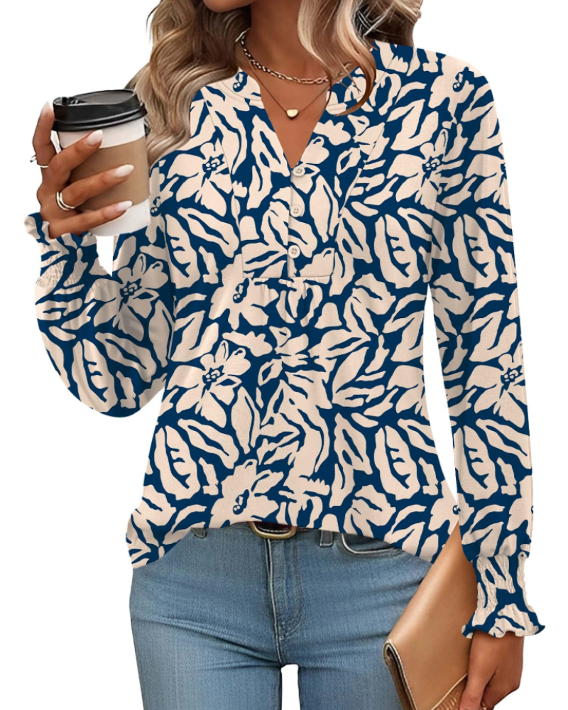 Freya Blusa Donna – Top floral con escote en V, mangas largas y dobladillo plisado
