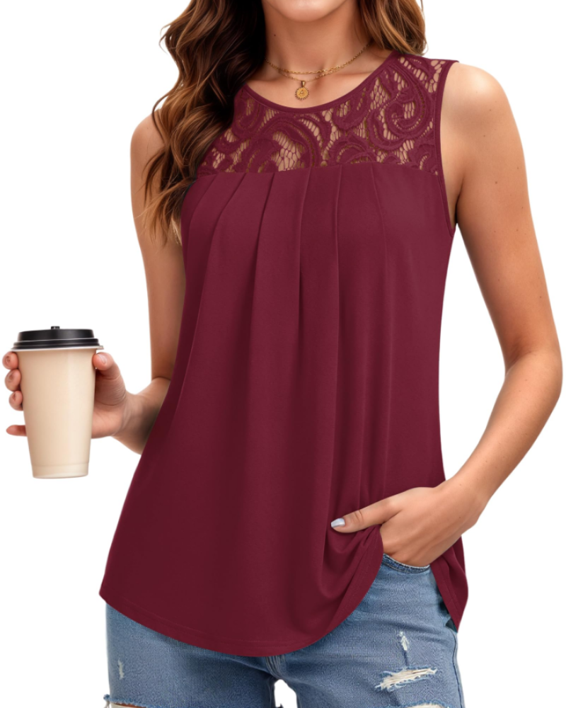 Olivia Top Donna – Canotta Estiva con Pizzo, Girocollo & Dettaglio Plissettato