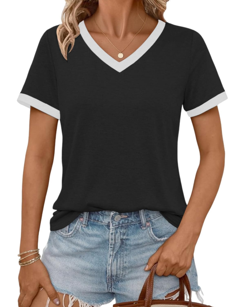 Camiseta de mujer Avery con escote en V – camiseta casual suave de manga corta con costuras en contraste
