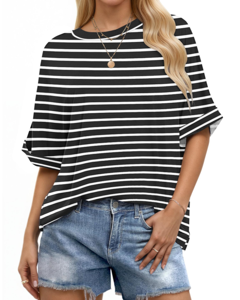 T-shirt Aubrey pour femme – Top oversize avec col rond, manches retroussées et coupe ample