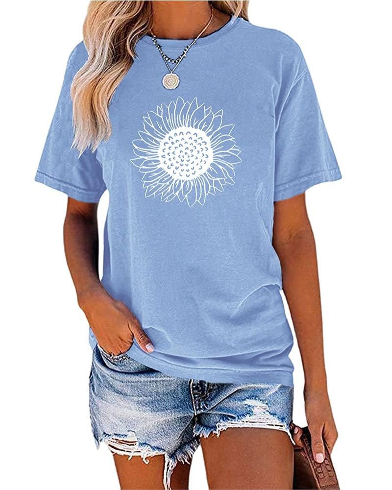 Maya T-Shirt Donna – Top Vintage con Stampa Girasole, Girocollo & Maniche Arrotolate