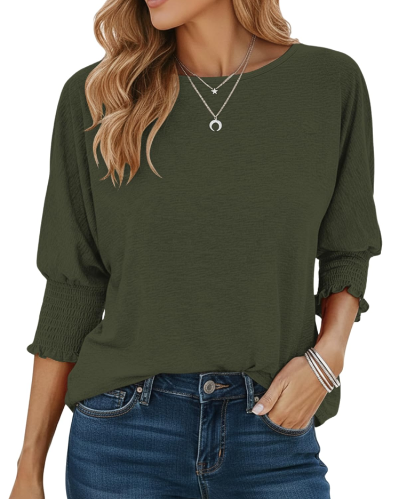 Camiseta Bianca para mujer – Top con cuello redondo, mangas 3/4 y puños fruncidos