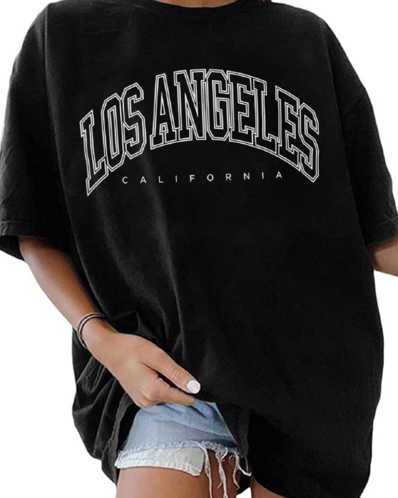 T-shirt Lydia pour femme – T-shirt en coton avec impression Los Angeles et col rond
