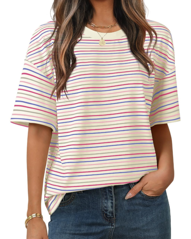 Clara Camiseta de Mujer a Rayas – Camiseta Casual de Cuello Redondo con Mangas Cortas y Ajuste Suelto