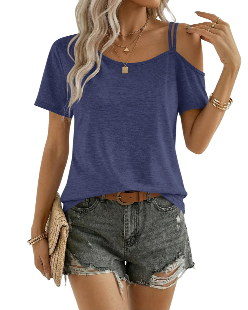Maya Top Donna – T-Shirt Tunica Cold Shoulder con Scollo Asimmetrico & Spalline Sottili