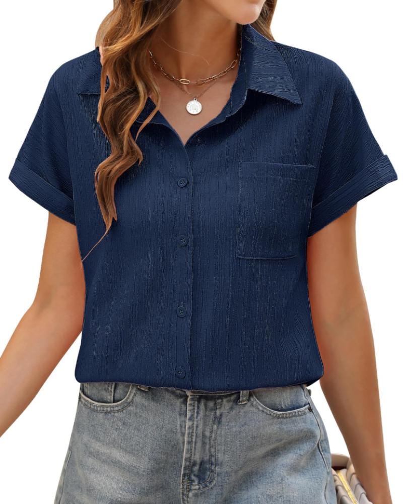Freya Blusa Donna – Camisa de verano con botones, cuello en V, mangas remangadas y bolsillo