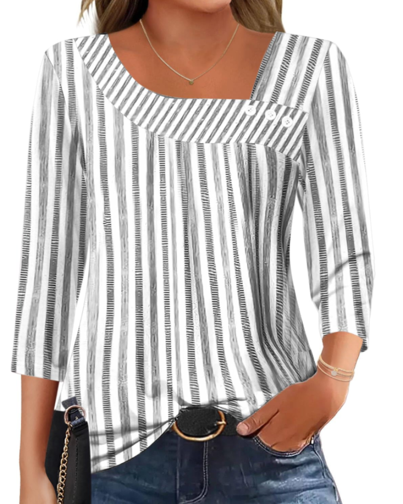 Elisa Blusa Mujer – Top Asimétrico con Mangas 3/4, Botones y Tejido Elástico