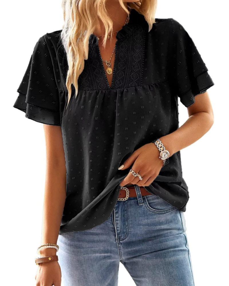 Blusa Lena para mujer – Top elegante con escote en V, encaje de ganchillo, mangas con volantes y detalles Swiss Dot