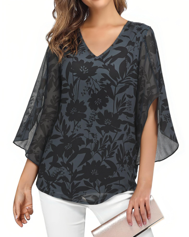 Naomi Blusa Donna – Top Floreale con Scollo a V, Maniche 3/4 a Volant & Doppio Strato