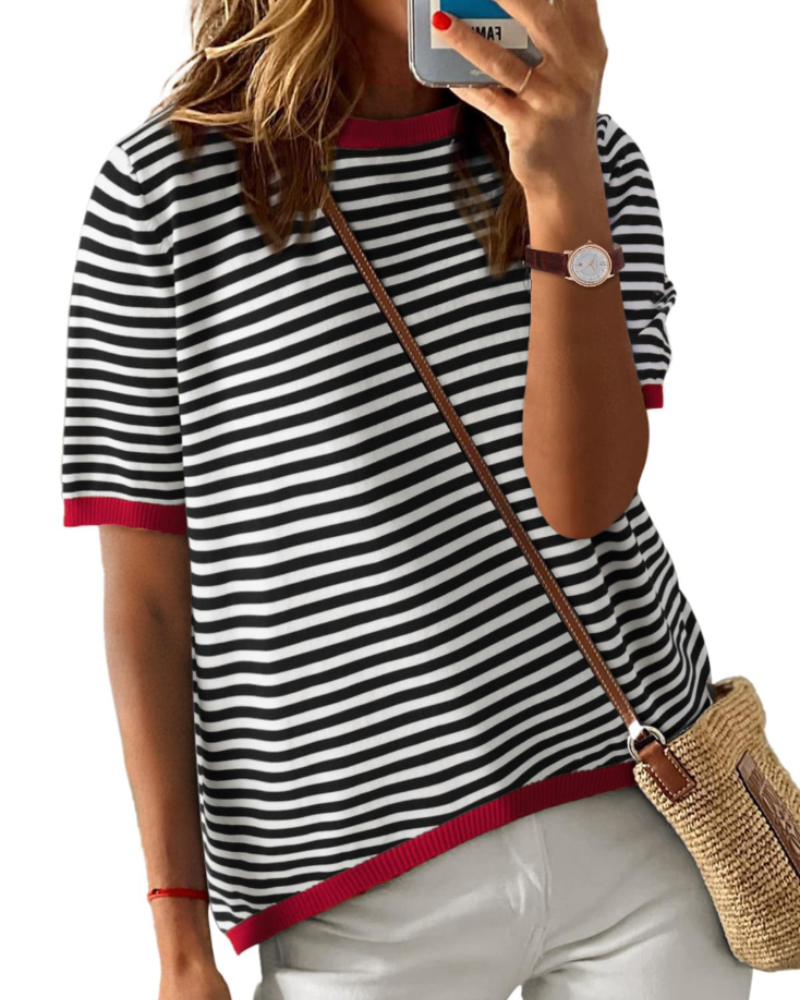 T-shirt Natalie pour femme – haut d'été à rayures avec col rond, manches courtes et coupe décontractée