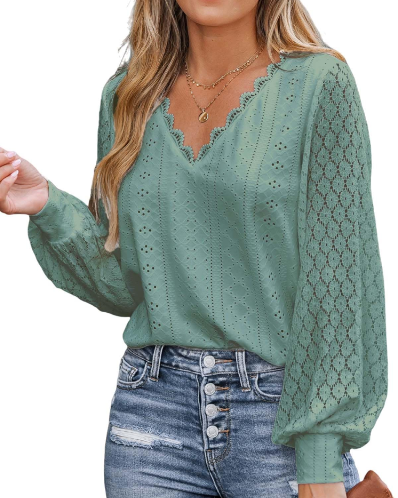 Victoria Blusa Donna – Top in Pizzo con Scollo a V, Maniche Lunghe & Dettagli Cut-Out