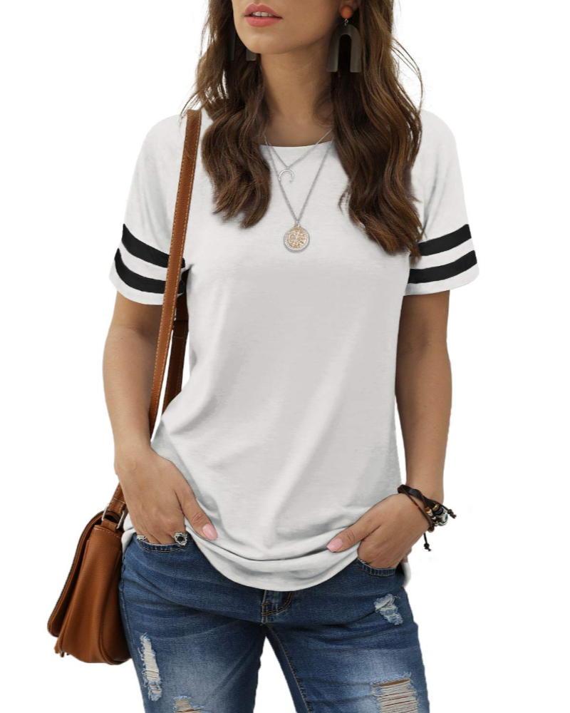 Camiseta Chloe para mujer – Top de verano con mangas a rayas, cuello redondo y aberturas laterales