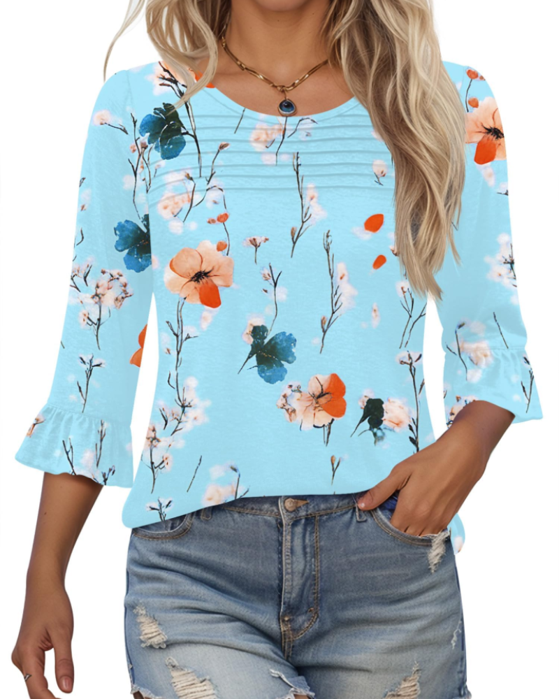 Clara Blusa Donna – Top túnica con mangas 3/4 con volantes, cuello redondo y pliegues frontales