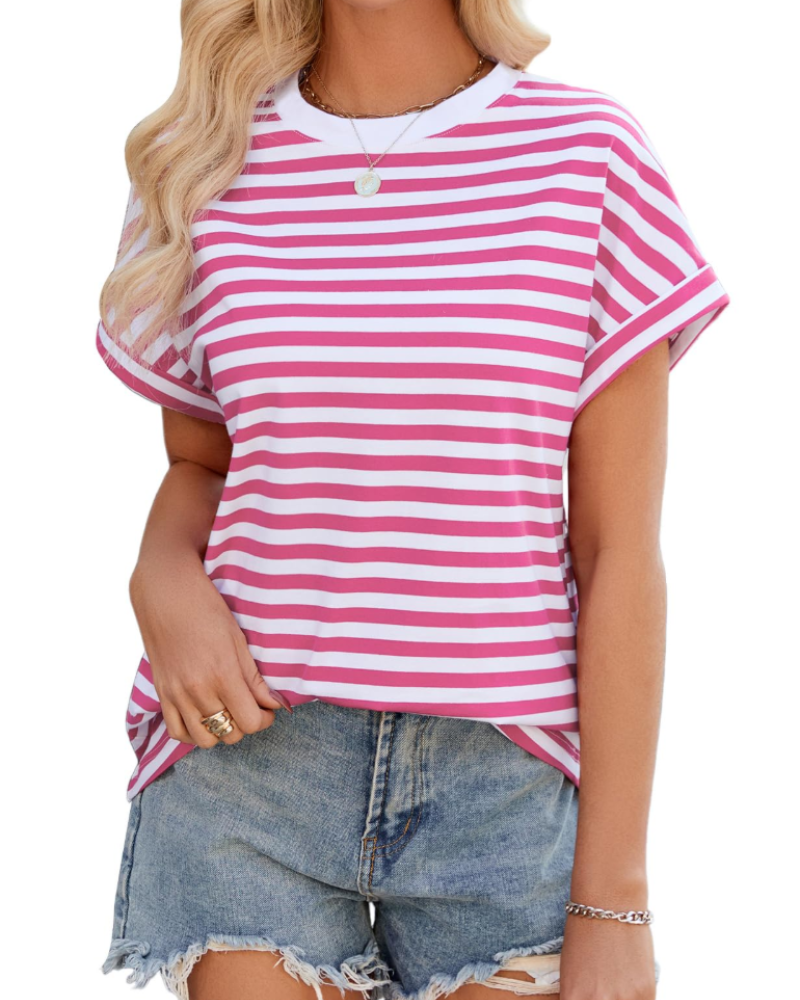 Camiseta Lily para mujer – Top oversize de algodón a rayas con cuello redondo y mangas cortas