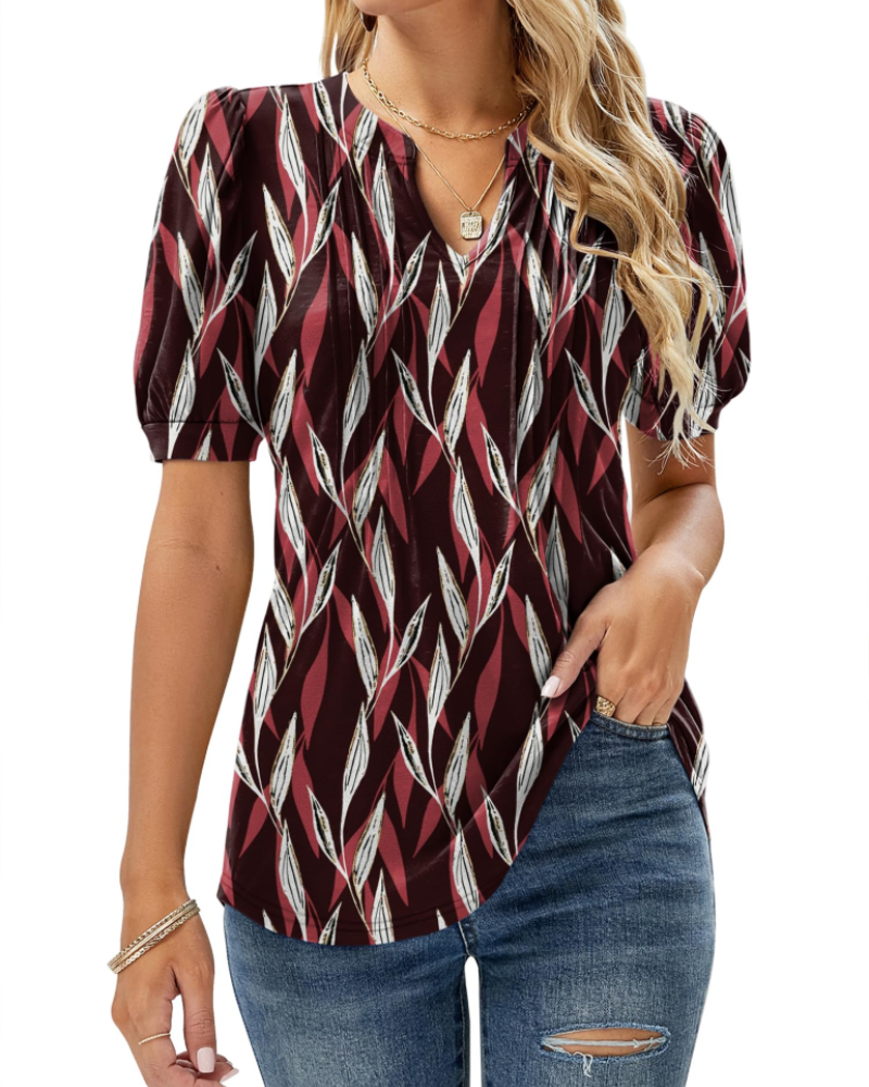 Hazel Top Donna – Blusa túnica floral con escote en V, mangas abullonadas y pliegues