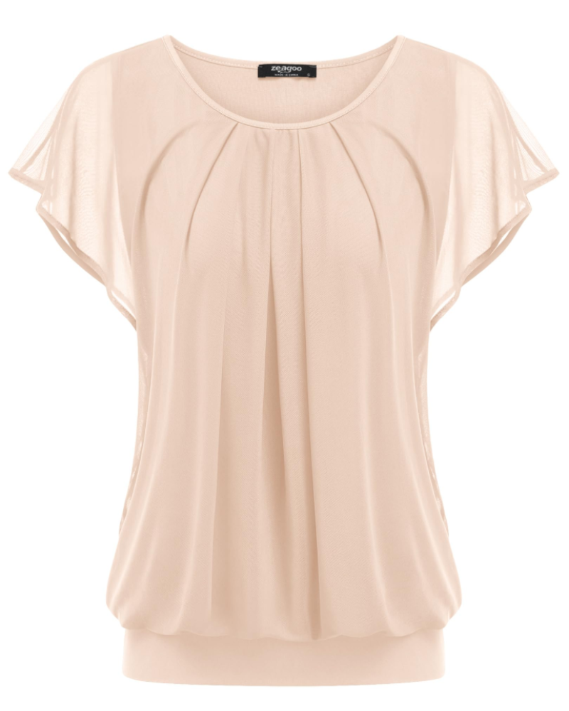 Emily Blusa Mujer – Top de Malla Floral de Doble Capa con Mangas Volantes y Cuello Redondo