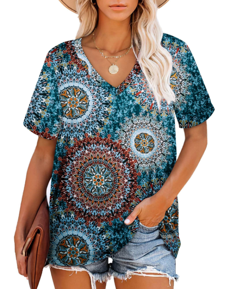 Camiseta Grace para mujer – Top con escote en V, mangas a rayas y ajuste holgado