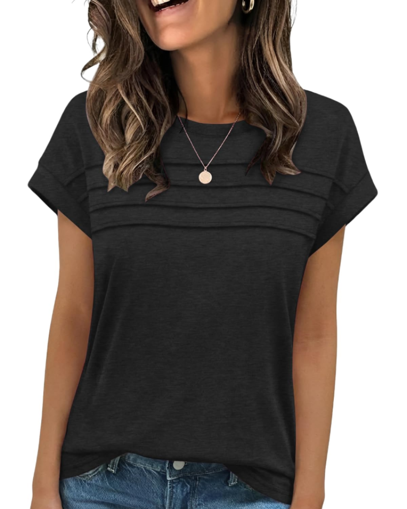 Nora T-Shirt Donna – Top con Girocollo, Pieghe Decorative & Maniche Corte