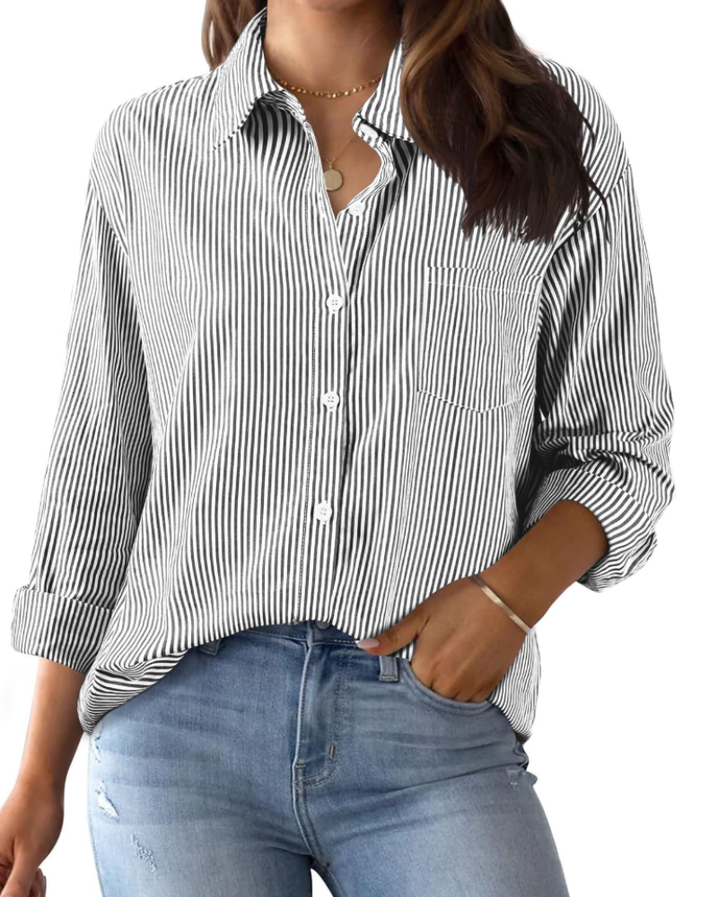 Harper Camisa Mujer – Blusa Oversize de Algodón a Rayas con Botones, Cuello y Bolsillo