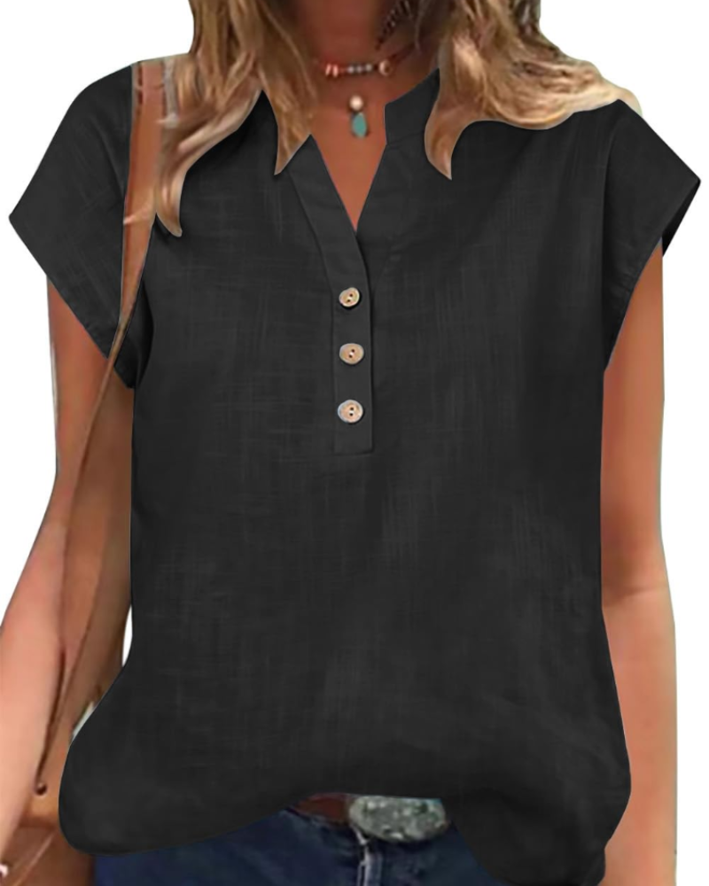 Blusa Julia para mujer – Top de algodón y lino con escote en V, mangas cortas y ajuste holgado