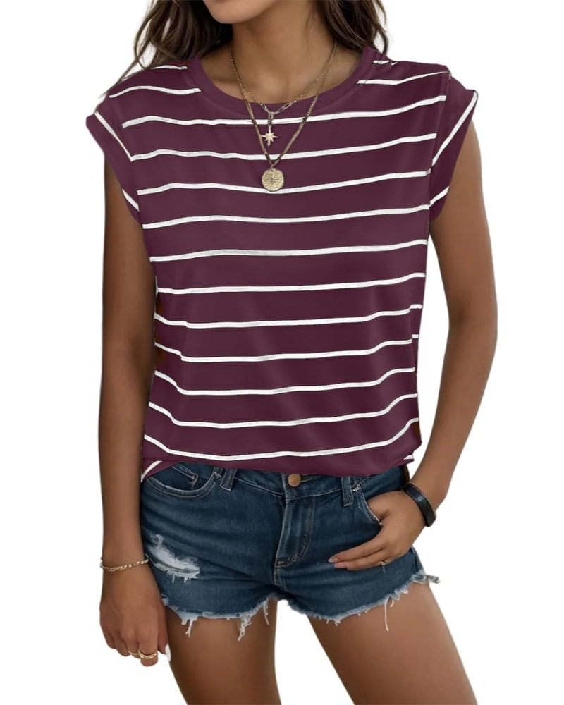 Camiseta Hannah para mujer – Top de rayas con cuello redondo, mangas con volante y ajuste holgado