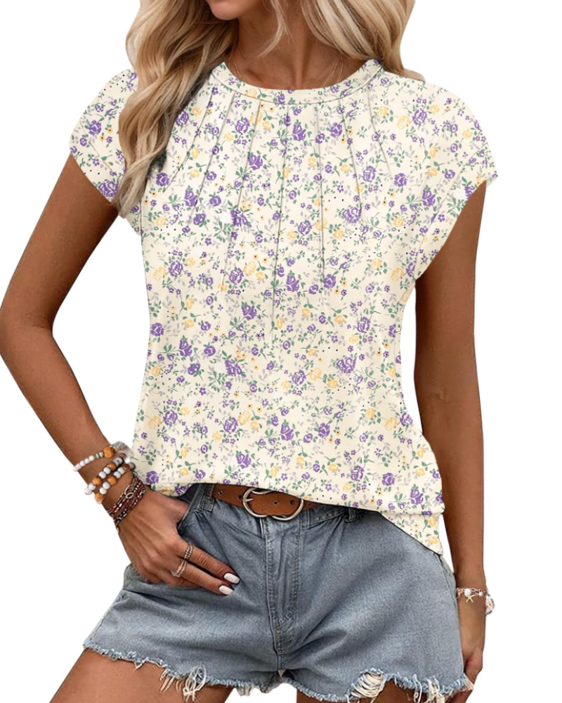 T-shirt Amelia pour femme – haut d'été avec manches à volant, plis et coupe douce