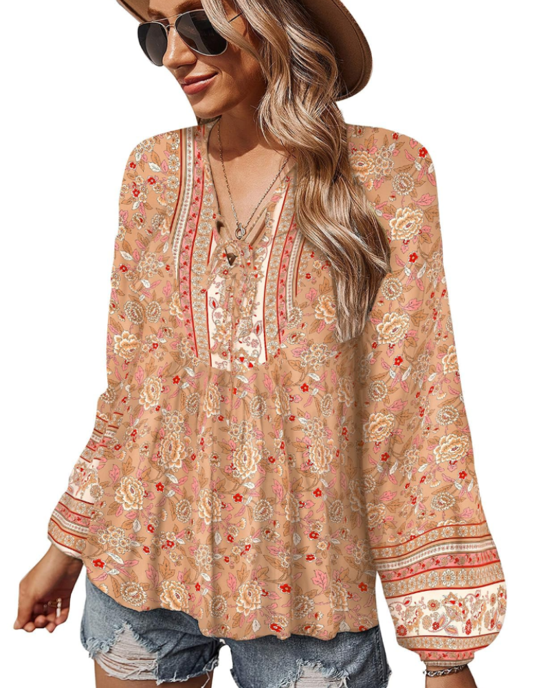 Diana Blusa Donna – Top bohemio floral de viscosa con escote en V y mangas abullonadas