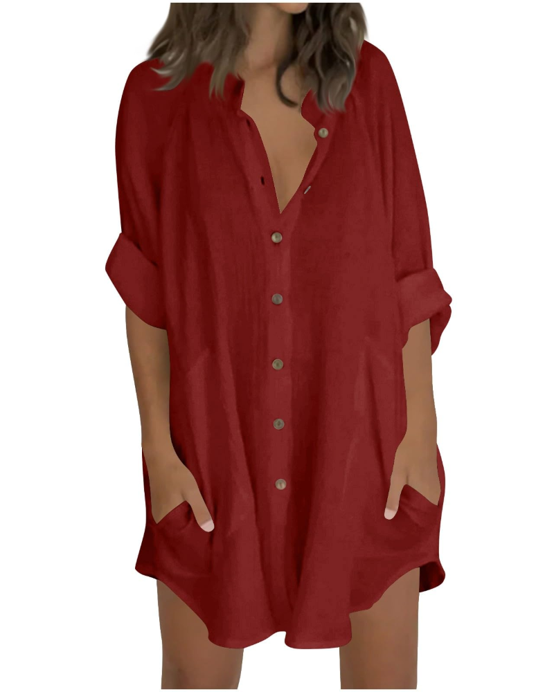 Emma Blusa Mujer – Camisa Oversize de Algodón y Lino con Mangas 3/4 y Botones