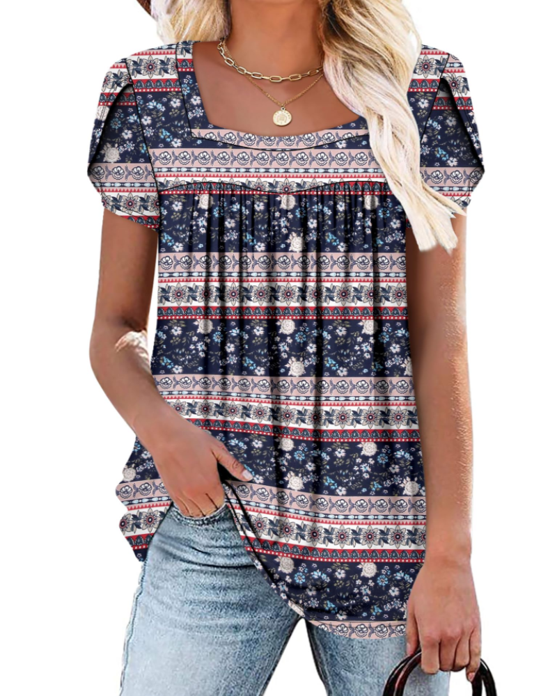 Emma Blusa para Mujer – Top Suave con Escote Cuadrado, Estampado Vivo y Mangas Cortas