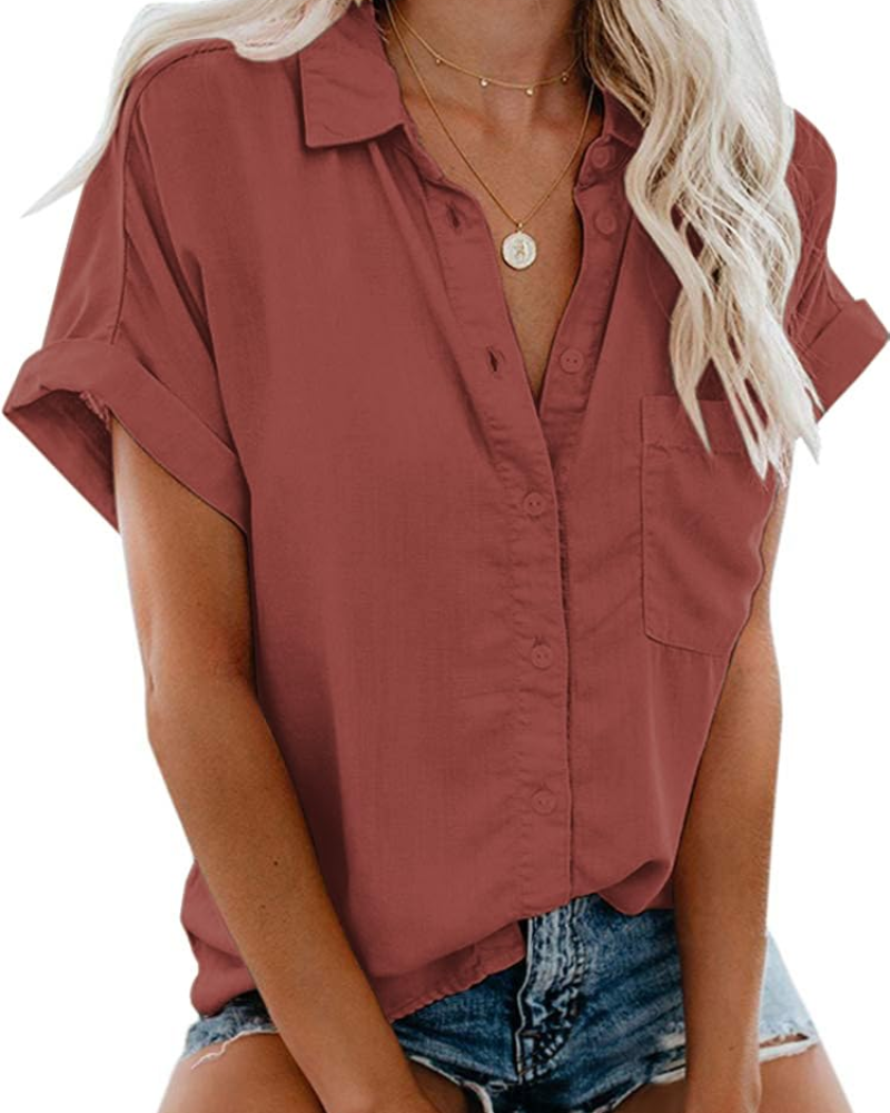 Camille Blusa para mujer – Camisa de algodón con escote en V, botones y bolsillo