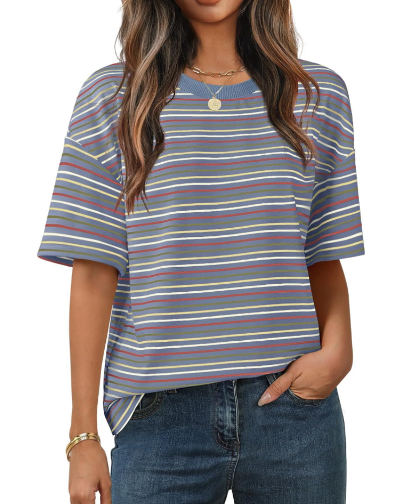 Clara Camiseta de Mujer a Rayas – Camiseta Casual de Cuello Redondo con Mangas Cortas y Ajuste Suelto