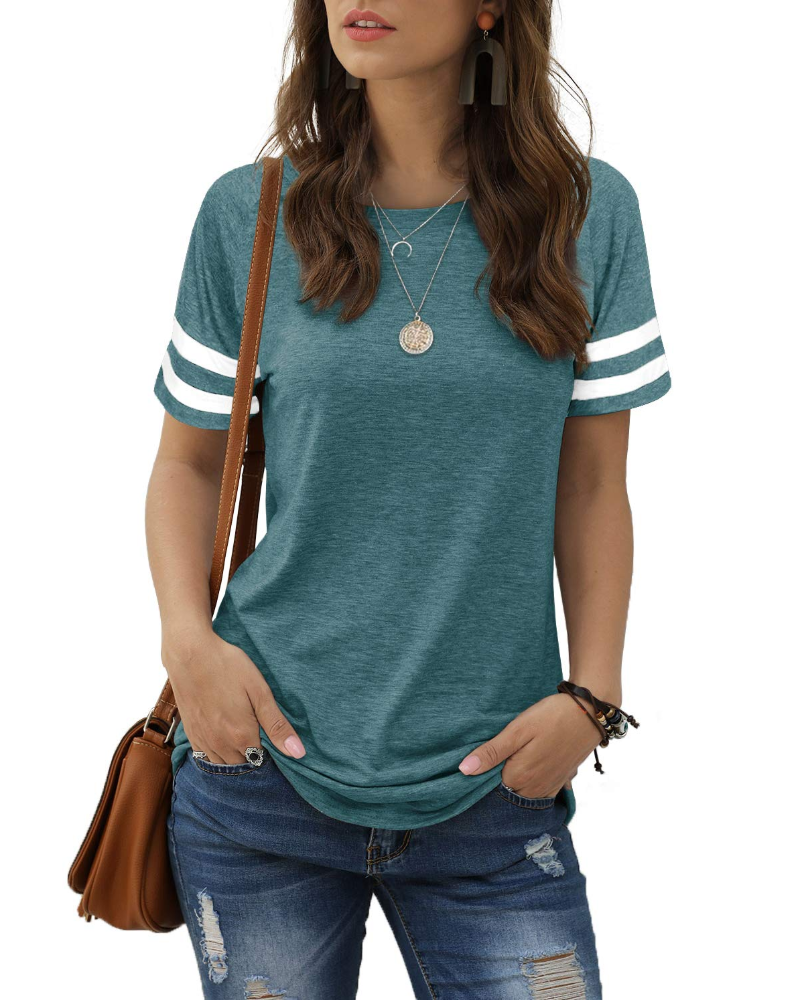 Camiseta Chloe para mujer – Top de verano con mangas a rayas, cuello redondo y aberturas laterales