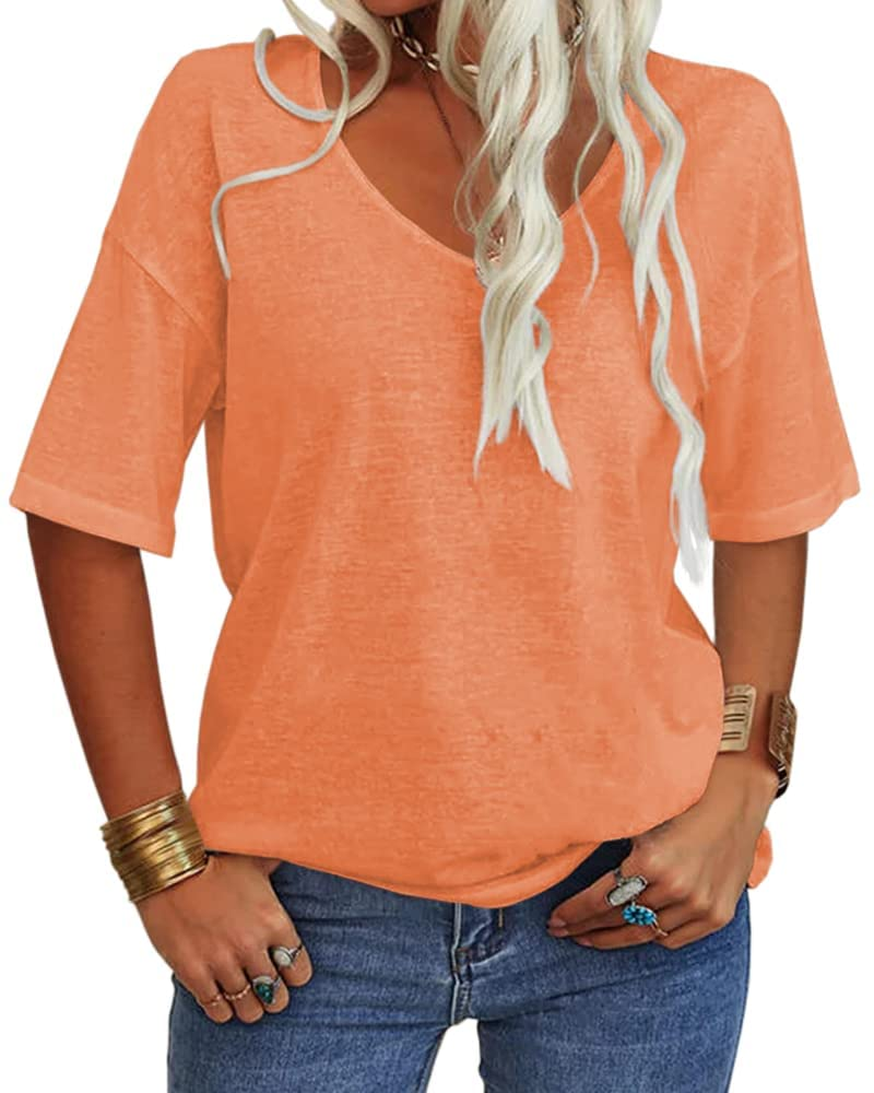 T-shirt Amelia pour femme – Haut avec col en V, manches mi-longues et coupe décontractée
