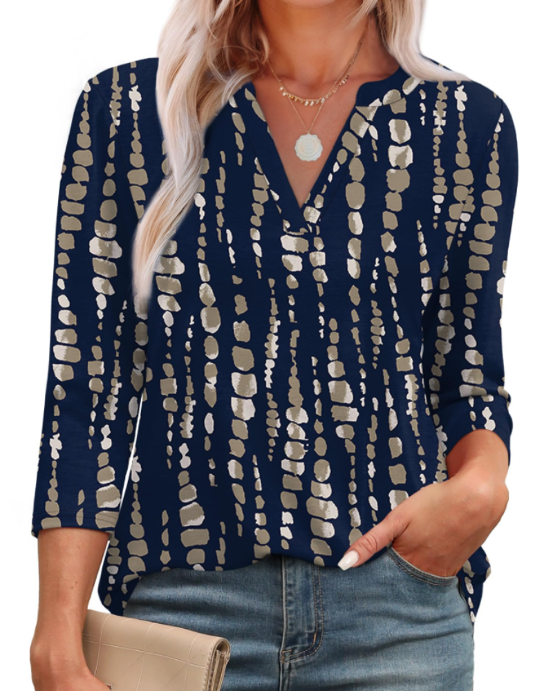 Blusa Lily para mujer – Túnica elegante con escote en V, mangas 3/4 y dobladillo curvo