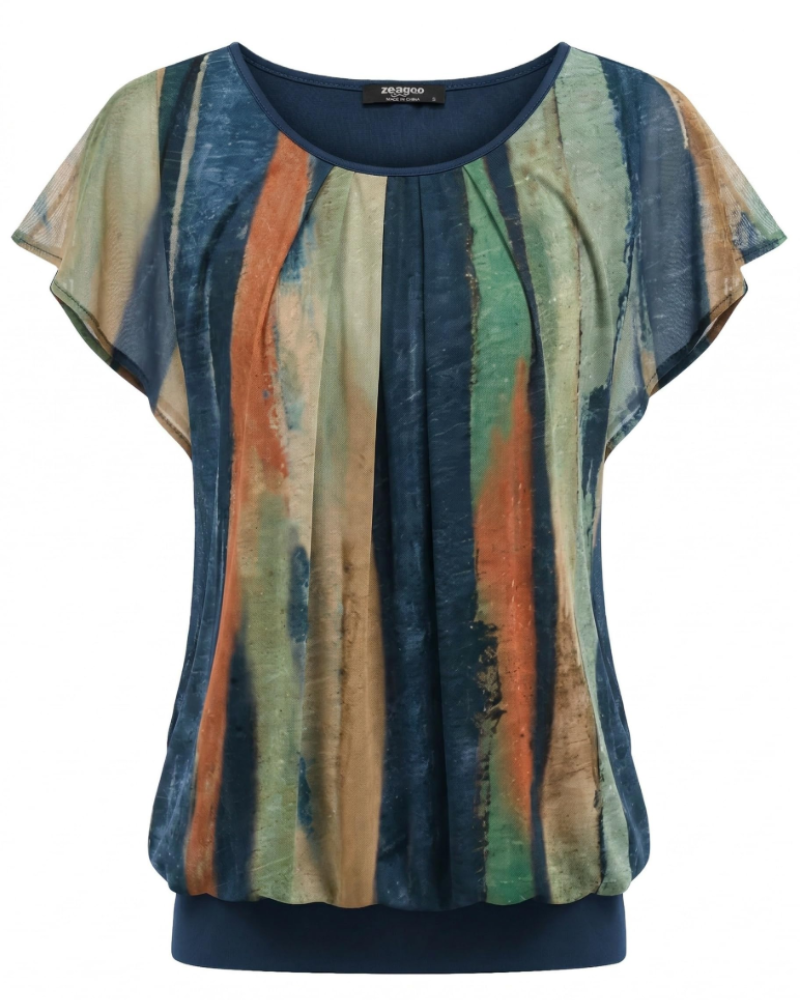 Emily Blusa Mujer – Top de Malla Floral de Doble Capa con Mangas Volantes y Cuello Redondo