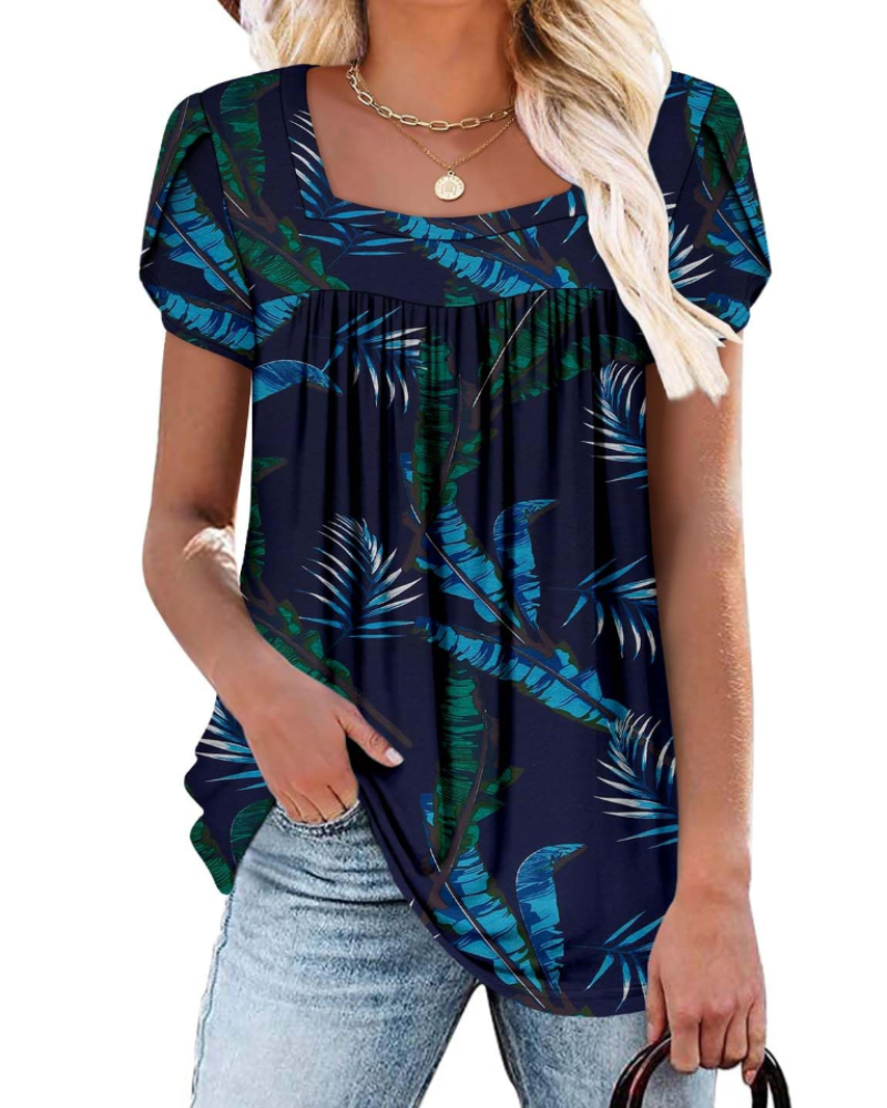 Emma Blusa para Mujer – Top Suave con Escote Cuadrado, Estampado Vivo y Mangas Cortas