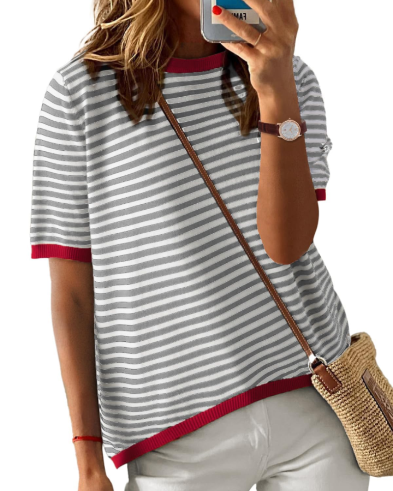 T-shirt Natalie pour femme – haut d'été à rayures avec col rond, manches courtes et coupe décontractée