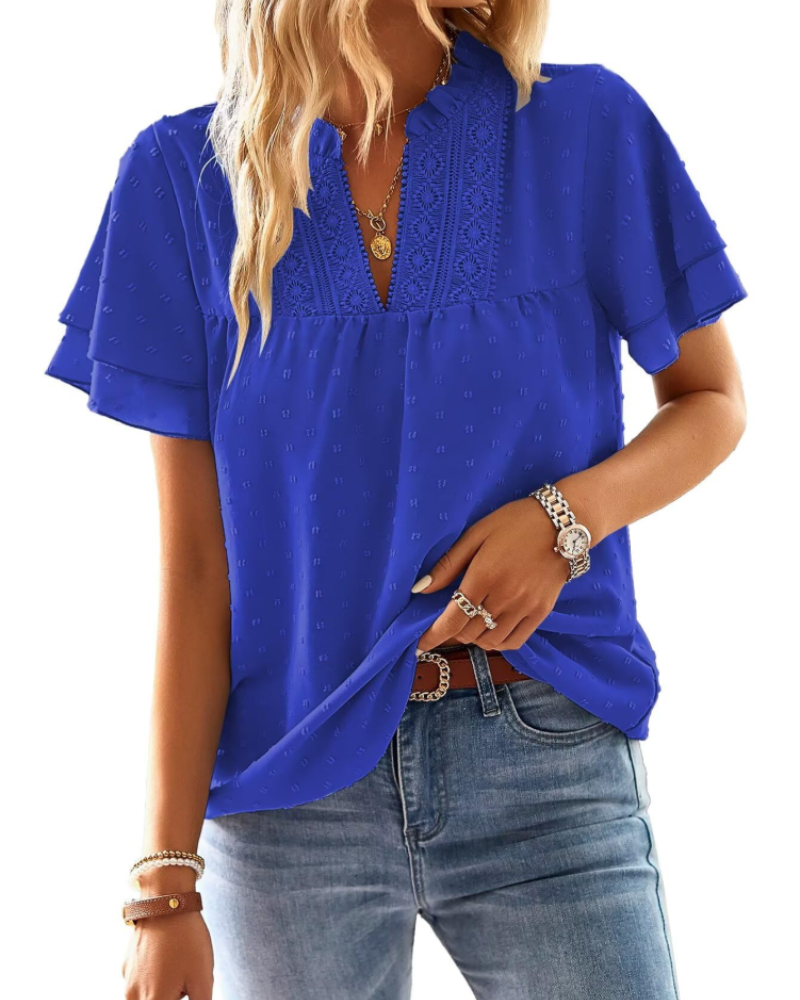 Blusa Lena para mujer – Top elegante con escote en V, encaje de ganchillo, mangas con volantes y detalles Swiss Dot