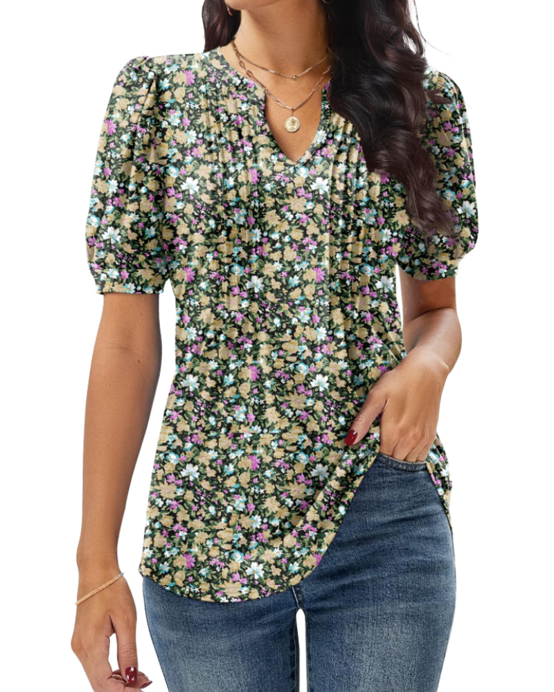 T-shirt Anna pour femme – Top d'été avec col en V, manches bouffantes et plis décoratifs